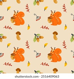 Endloses nahtloses Herbstmuster für den Druck auf Stoff und nähende Kinderbekleidung. Lustiges Eichhörnchen hält eine Nuss. Zweig im Doodle-Stil.