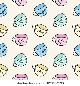 Endless seamless background with tea mugs. Template for the menu of a dining room, cafe or restaurant. Children's cartoon illustration of doodles with cups . Printing on fabric, clothing, and paper.