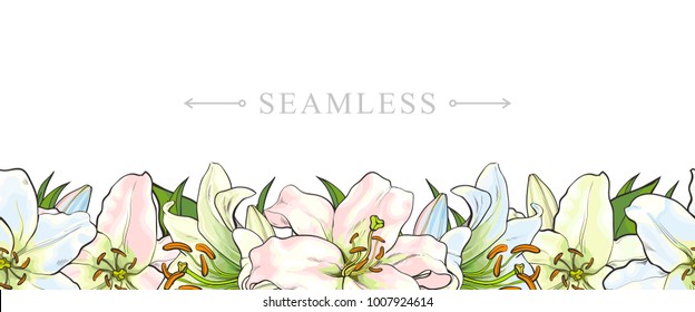 Endless, seamless border made by light blue, pink and yellow lily flowers, sketch, hand drawn vector illustration isolated on white background. Banner with endless border of hand-drawn lily flowers