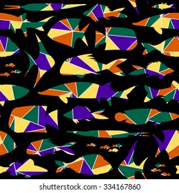 Endless seamless bright pattern with abstract fish of colored triangles