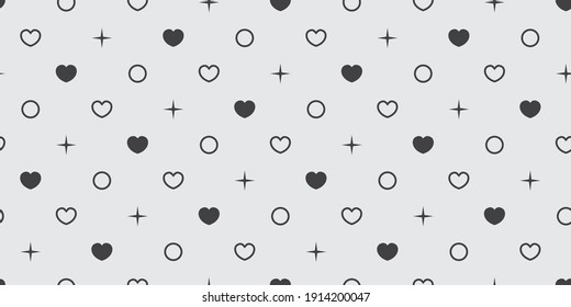 Patrón monocromo infinito de corazones de diferentes colores, círculos y puntos. Corazones vectoriales en blanco y negro. Papel de escritorio para envolver papel. Antecedentes del Día de San Valentín