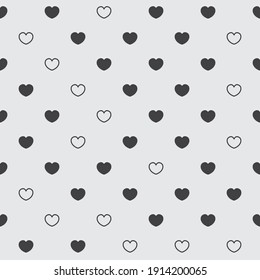 Endless seamless monochrome pattern of hearts, circles and dots. Black and white vector hearts. Wallpaper for wrapping paper. Background for Valentine's Day