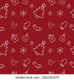 Endless seamless new year pattern on a red background. A set of vector Doodle illustrations for clothing design, textiles, tailoring, making a cover for Notepad. Christmas wrapping paper.