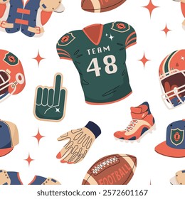 Endless seamless pattern for american football. Image of whistle, protection, jersey, ball and helmet. Sports equipment. Vector illustration isolated on transparent background.