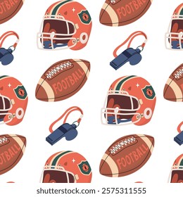 Endless seamless pattern for american football. Image of whistle, ball and helmet. Sports equipment. Vector illustration isolated on transparent background.