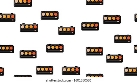 Endless seamless pattern of beautiful beauty cosmetic items of female fashionable powder boxes with shadows for applying makeup on a white background. Vector illustration.
