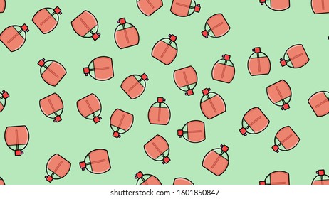 Endless seamless pattern of beautiful beauty cosmetic items of perfume and cologne bottles with a tasty pleasant smell on a blue background. Vector illustration.
