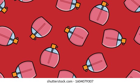 Endless seamless pattern of beautiful beauty cosmetic items of perfume and cologne bottles with a tasty pleasant smell on a red background. Vector illustration.