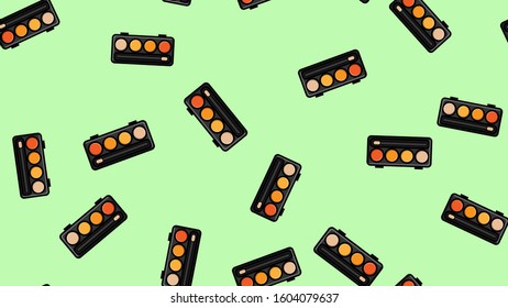 Endless seamless pattern of beautiful beauty cosmetic items of female fashionable powder boxes with shadows for applying makeup on a green background. Vector illustration.
