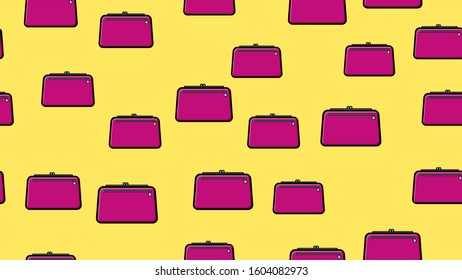 Endless seamless pattern of beautiful beauty items of female glamorous fashion accessories handbags and clutches on a yellow background. Vector illustration.