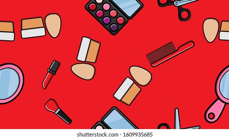 Endless seamless pattern of beautiful beauty items of female glamorous fashionable powders, lipsticks, varnishes, creams, cosmetics on a red background. Vector illustration.