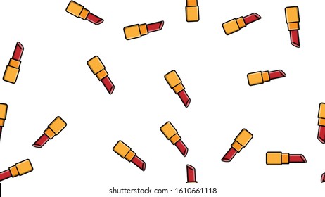Endless seamless pattern of beautiful beauty items of female glamorous fashionable red lipsticks for makeup on a white background. Vector illustration
