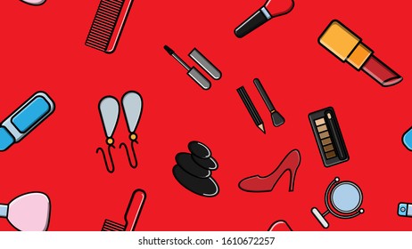 Endless seamless pattern of beautiful beauty items of female glamorous fashionable powders, lipsticks, varnishes, creams, cosmetics on a red background. Vector illustration.