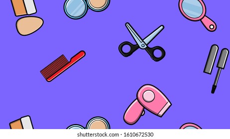 Endless seamless pattern of beautiful beauty items of female glamorous fashionable powders, lipsticks, varnishes, creams, cosmetics on a blue background. Vector illustration.