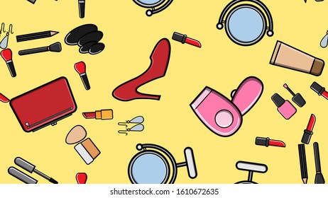 Endless seamless pattern of beautiful beauty items of female glamorous fashionable powders, lipsticks, varnishes, creams, cosmetics on a yellow background. Vector illustration.