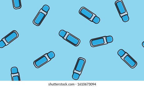Endless seamless pattern of beautiful beauty items of female glamorous fashion jars with manicure remover on a blue background. Vector illustration.