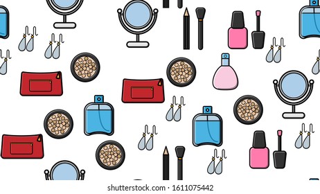 Endless seamless pattern of beautiful beauty items of female glamorous fashionable powders, lipsticks, varnishes, creams, cosmetics on a white background. Vector illustration.