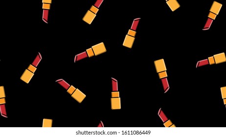 Endless seamless pattern of beautiful beauty items of female glamorous fashionable red lipsticks for makeup on a black background. Vector illustration.