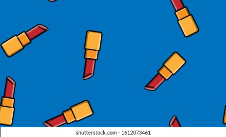 Endless seamless pattern of beautiful beauty items of female glamorous fashionable red lipsticks for makeup on a blue background. Vector illustration.