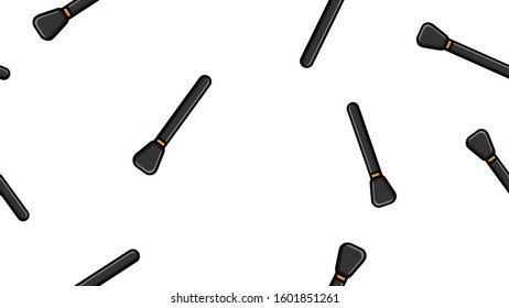 Endless seamless pattern of beautiful black beauty cosmetic items of eyebrow brushes and eyes for makeup and applying ears and powder on a white background. Vector illustration.