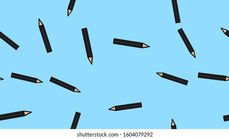 Endless seamless pattern of beautiful black beauty cosmetic items eyebrow pencils and makeup eyes on a blue background. Vector illustration.