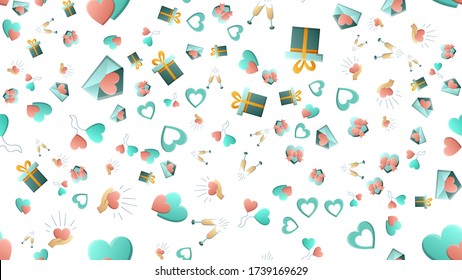 Endless seamless pattern of beautiful festive love joyful tender sets of heart items with magnifying glasses houses arrows and letters on a white background. Vector illustration.