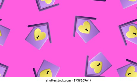Endless seamless pattern of beautiful festive love joyful hearts in houses with a keyhole on a purple background. Vector illustration.