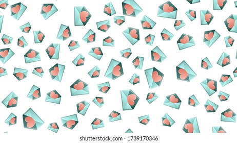 Endless seamless pattern of beautiful festive love joyful tender hearts in an envelope on a white background. Vector illustration.