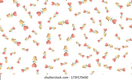 Endless seamless pattern of beautiful festive love flowers in pots with hearts on a white background. Vector illustration.