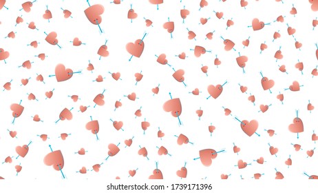 Endless seamless pattern of beautiful festive love joyful hearts with cupid arrow on a white background. Vector illustration.