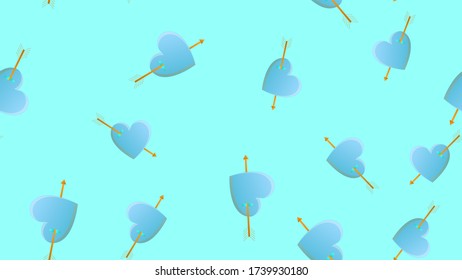 Endless seamless pattern of beautiful festive love joyful hearts with cupid arrow on a blue background. Vector illustration.