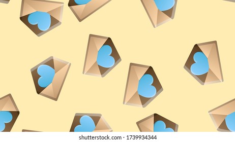 Endless seamless pattern of beautiful festive love joyful tender hearts in an envelope on a yellow background. Vector illustration.
