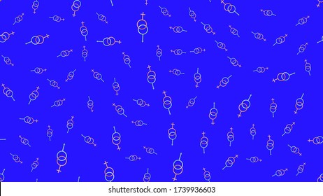 Un patrón sin fisuras de hermosos símbolos de amor festivo de los sexos de hombre y mujer en un fondo azul. Ilustración vectorial.