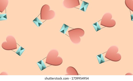 Un interminable patrón sin fisuras de hermosos corazones festivos en forma de globos con sobres en un fondo marrón. Ilustración vectorial.