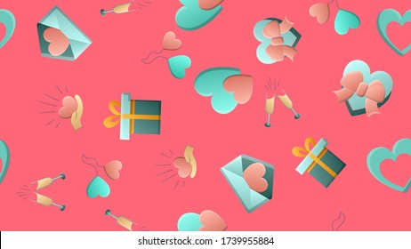 Endless seamless pattern of beautiful festive love joyful tender sets of heart items with magnifying glasses houses arrows and letters on a pink background. Vector illustration.