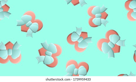 Endless seamless pattern of beautiful festive love hearts with bows on a turquoise background. Vector illustration.