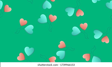 Endless seamless pattern of beautiful festive love joyful tender heart-shaped balloons on a green background. Vector illustration.