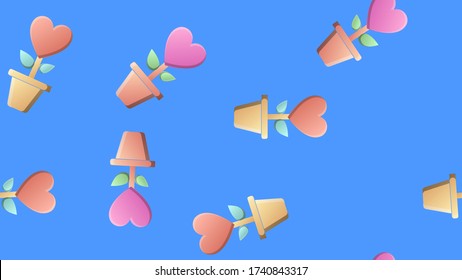 Endless seamless pattern of beautiful festive love flowers in pots with hearts on a blue background. Vector illustration