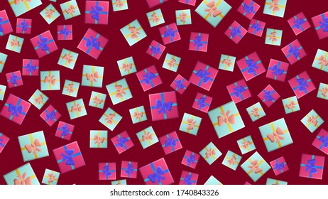 Endless seamless pattern of beautiful festive love joyful gift boxes on a red background. Vector illustration