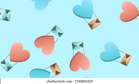 Endless seamless pattern of beautiful festive love joyful hearts in the form of balloons with envelopes on a blue background. Vector illustration