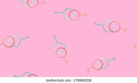 Un patrón sin fisuras de hermosos símbolos de amor festivo de los sexos de hombre y mujer en un fondo rosado. Ilustración del vector