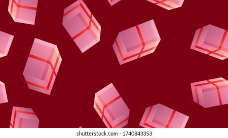 Endless seamless pattern of beautiful festive love joyful gift boxes on a red background. Vector illustration