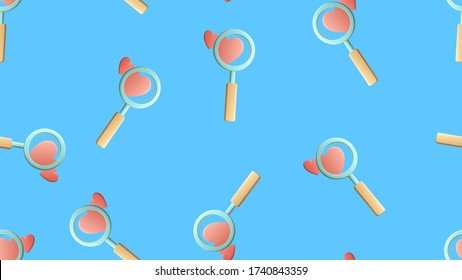 Endless Seamless Pattern Of Beautiful Festive Love Joyful Tender Hearts With Magnifying Glasses For Searching On A Blue Background. Vector Illustration