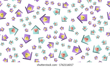 Endless seamless pattern of beautiful festive love joyful hearts in houses with keyhole on a white background. Vector illustration.