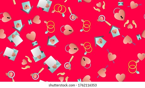 Endless Seamless Pattern Of Beautiful Festive Love Joyful Tender Sets Of Heart Objects With Magnifying Glasses Houses Arrows And Letters On A Red Background. Vector Illustration.