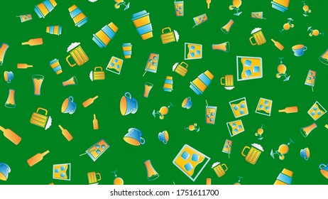 Endless seamless pattern of beautiful glass glasses with tasty alcoholic cocktails with ice and straws with lemons and beer for a party on a green background. Vector illustration.