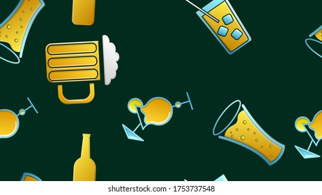 Impermeable patrón de hermosos vasos de vidrio con sabrosos cócteles alcohólicos con hielo y pajita con limones y cerveza para una fiesta de fondo verde. Ilustración vectorial.