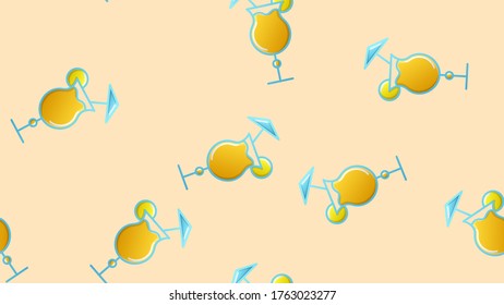 Endless seamless pattern of beautiful glass glasses with tasty alcoholic cocktails with ice and straws with lemons for a party on a yellow background. Vector illustration.