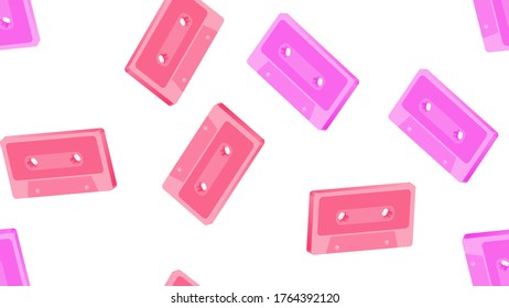 Endless seamless pattern of beautiful old retro ancient hipster music disco audio cassettes on magnetic tape on a white background. Vector illustration.