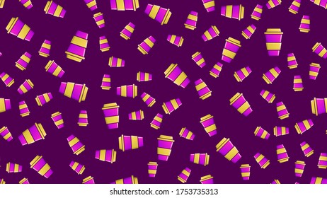 Endless seamless pattern of beautiful tasty hot invigorating morning fast coffee glasses on a purple background. Vector illustration.